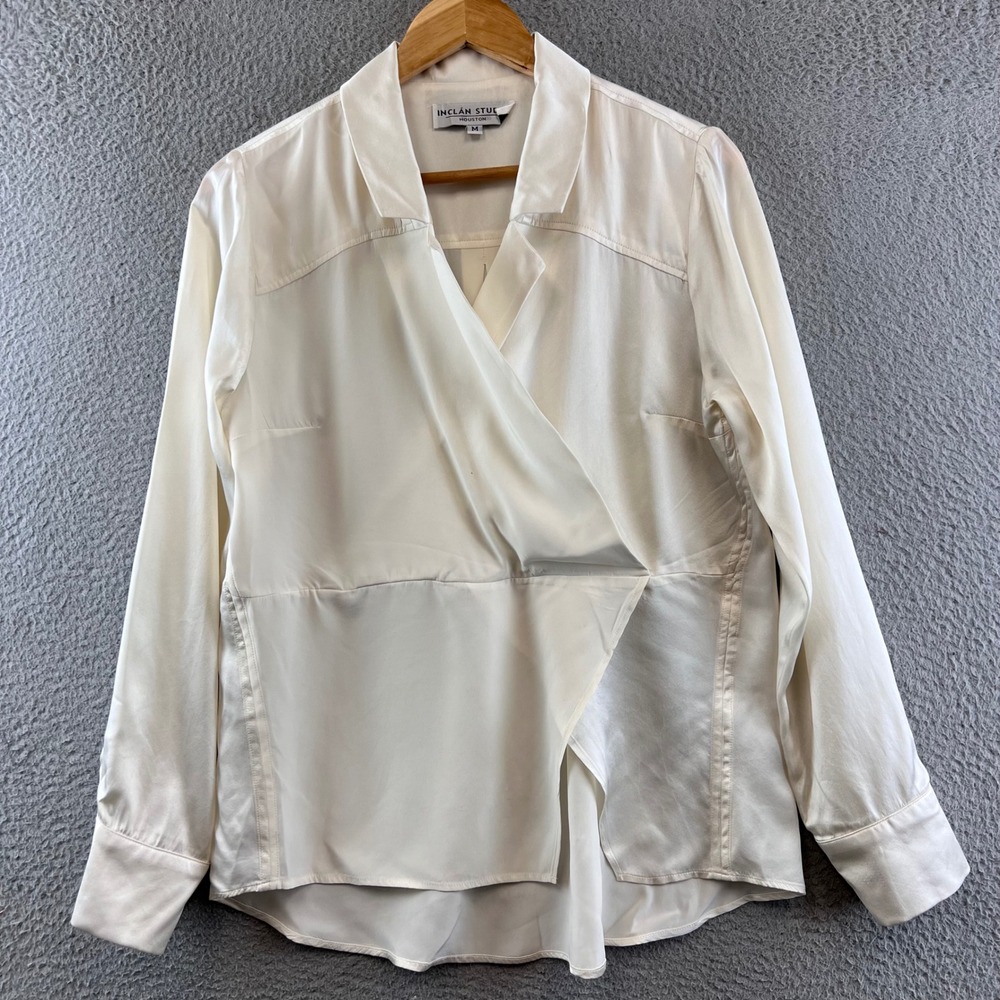 Inclán  Studio Houston Silk Wrap Blouse Top Long Sleeve Ivory Women's M